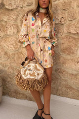 Fashionable Gold Stamping Unique Printing Lapel Long Sleeve Shirt and Elastic Waist Casual Pocket Shorts Set