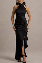 Maureen Satin High Neck Ruched Ruffle Slit Draped Maxi Dress