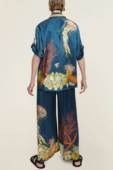 Linen Blend Unique Print Lapel Short Sleeve Shirt and Elastic Waist Loose Pocket Wide Leg Pants Set