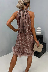 It's Time To Dance Sequin Feather Trim Halter Babydoll Mini Dress