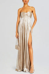 Metallic Sexy Tube Top Pleated High Slit Maxi Dress