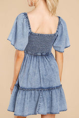 Hello Cutie Pie Denim Smocked Puff Sleeve Mini Dress