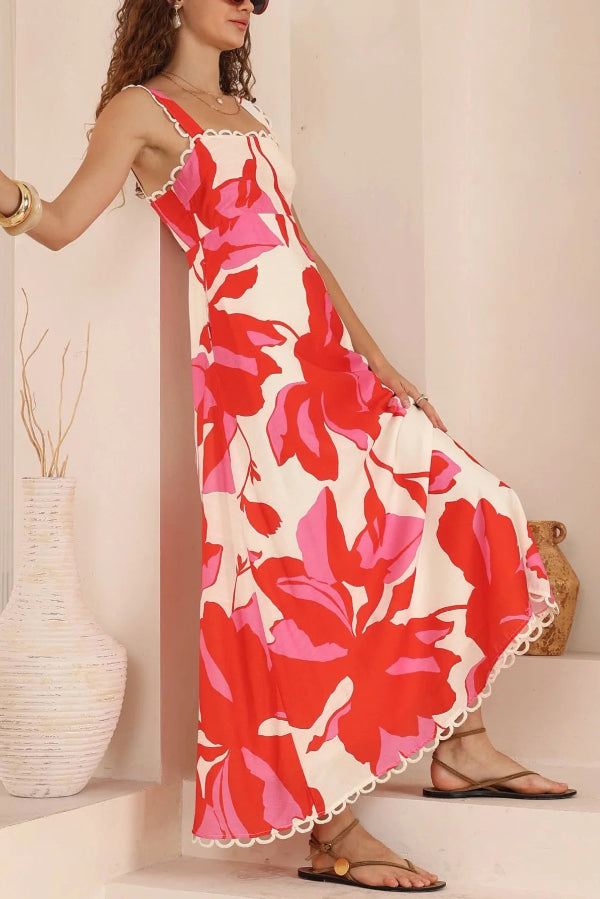 Floral Print Square Neck Sleeveless Wavy Trim Holiday Maxi Dress