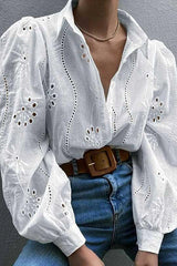 Fashion Hollow Puff Sleeve Casual Lapel Loose Shirt