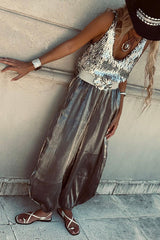 Chic Moment Glittery Fabric High Rise Elastic Wst Pocket Bubble Hem Pants