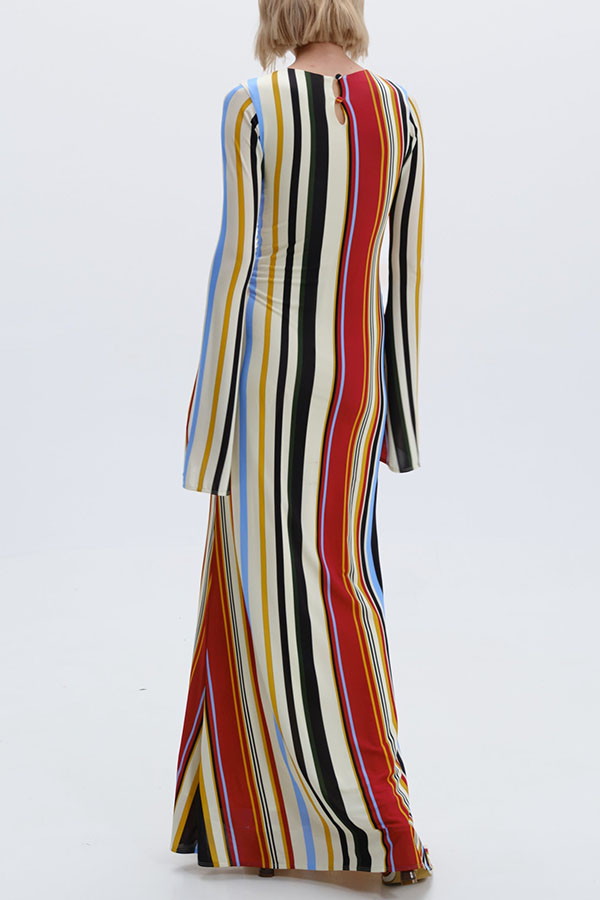 Vibrant Holiday Colorful Striped Print Extra Long Sleeve Fitted Flared Maxi Dress