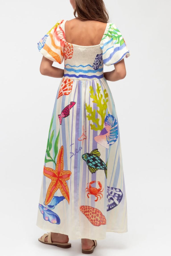 Marine Creature Print Square Neck Puff Sleeve Pleated Casual Pocket Maxi Dress