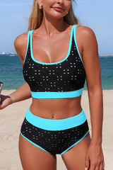Stylish Color-blocked High-wsted Stretch Two-piece Bikini Swimsuit