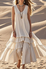 Linen Blend V-neck Sleeveless Loose Full Hem Midi Dress