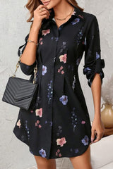 Floral Print Lapel Long Sleeve Button-Down Shirt Mini Dress