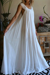 Solid Color Tassel Round Neck Stitching Loose Maxi Dress