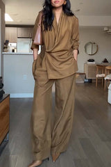 Bella Satin Drape Collar Single Button Casual Blazer and Elastic Waist Pocket Loose Pants Set