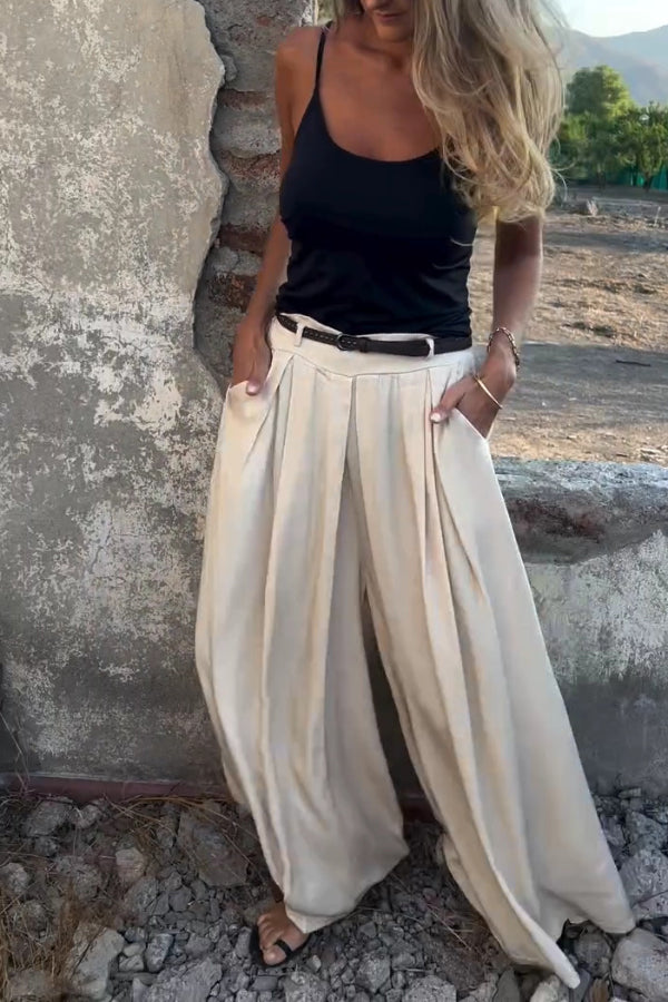 Solid Color Elastic Waist Casual Pocket Loose Wide-leg Pants