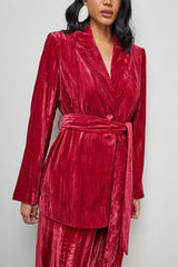 Solid Color Velvet Long-sleeved Waist Tie Top and Elastic Waist Casual Pocket Straight-leg Pants Set