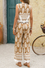 Bohemian Style Unique Print V-neck Sleeveless Top and Elastic Waist Casual Pocket Wide-leg Pants Set