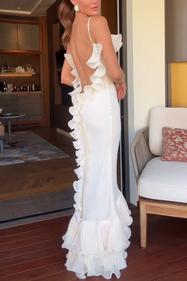 Alisin Pleated Chiffon Wavy Ruffles Trim Slip Maxi Dress