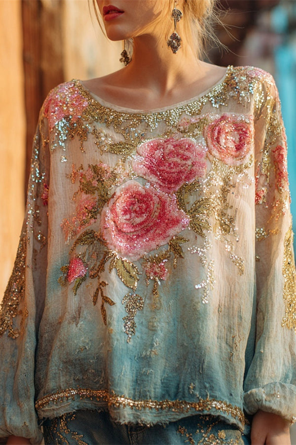 Bohemian Floral Print Round Neck Long-sleeved Loose Top