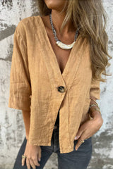 Linen Blend Solid Color Loose V-neck Button-down Casual Top