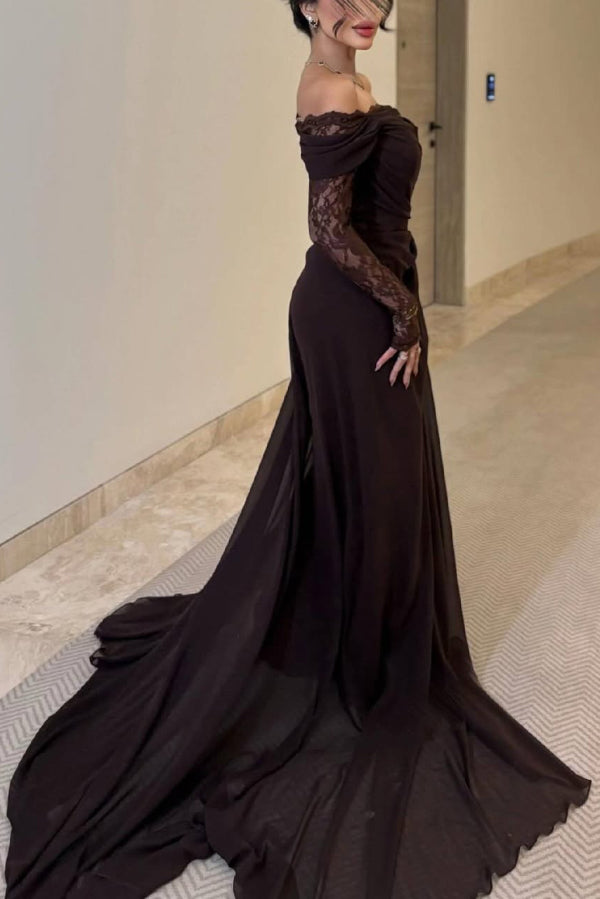 Elegant Patchwork Lace Off-shoulder Long-sleeved Slim-fit Maxi Dress