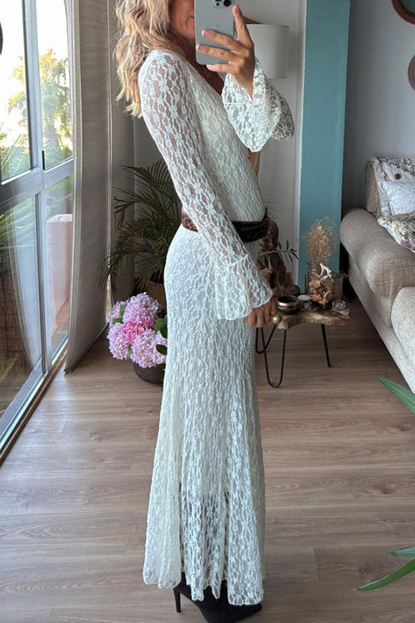 Aster Embroidered Lace Chiffon V-neck Long Bell Sleeve Stretch Flare Maxi Dress
