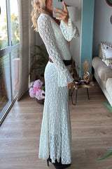 Aster Embroidered Lace Chiffon V-neck Long Bell Sleeve Stretch Flare Maxi Dress