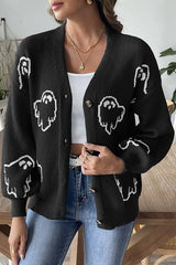 Halloween Ghost Pattern Casual Button-Down Knit Sweater