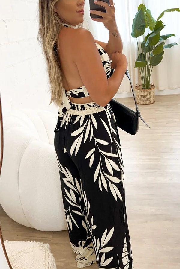 Botanical Print Halterneck Crop Top and Casual High-waist Wide-leg Pants Set