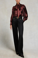 Ariella Metallic Satin Fabric Tie-up Bow Neck Long Sleeve Blouse