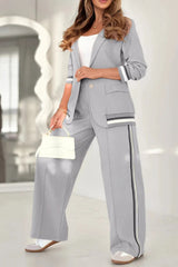 Solid Color Lapel Long Sleeve Loose Blazer and Elastic Waist Casual Pocket Wide Leg Pants Set