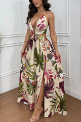 Seinah Floral Print Cutout Waist Open Back Lace-up Slit Maxi Dress