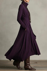 Solid Color High-neck Long-sleeved Irregular Casual Maxi Dress