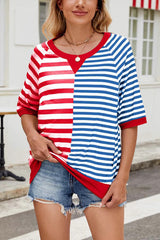 Striped Color Block Print Crew Neck Short Sleeve Loose Top