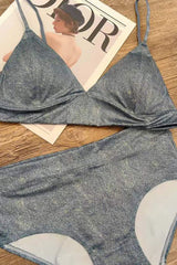 Solid Color Suspender Stretch Two Piece Bikini Swimsuit