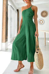 Angela One Shoulder Two Thin Straps Wige Leg Jumpsuit