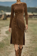 Solid Color Round Neck Long-sleeved Suede Slim-fit Tassel Midi Dress