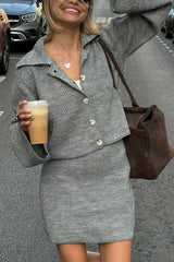 Fashion Lapel Bell Sleeve Knitted Cardigan and Casual Mini Skirt Set