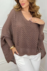 Fashion Hollow Long Sleeve Loose V-neck Knitted Sweater