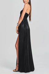 Metallic Sexy Tube Top Pleated High Slit Maxi Dress