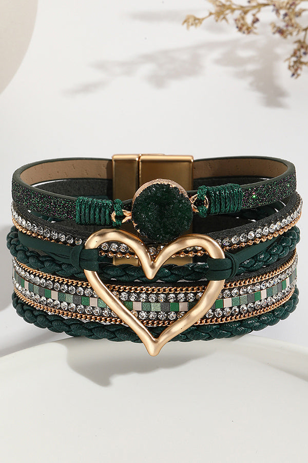 Bohemian Leather Cord Multi-layered Raw Stone Heart Bracelet