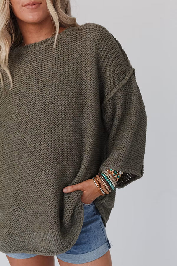 Solid Color Loose Round Neck Long Sleeve Casual Knitted Sweater