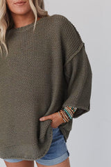 Solid Color Loose Round Neck Long Sleeve Casual Knitted Sweater
