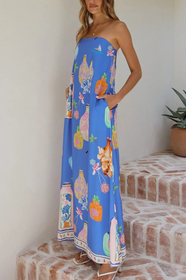 Linen Blend Perfume Bottle Print Sleeveless Off-shoulder Casual Pocket Vacation Maxi Dress