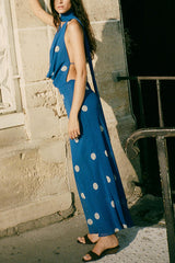 Fashion Polka Dot Print Sexy Halter Neck Backless Maxi Dress