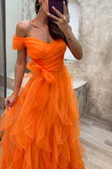Pretty First Impression Tulle Off Shoulder Tiered Ruffle Evening Maxi Dress