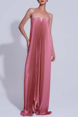 Darling Moment Satin Fabric Off Shoulder V-neck Asymmetric Hem A-line Maxi Dress