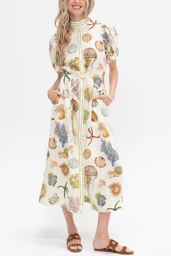 Beach Shell Print Puff Sleeve Tie-Waist Casual Midi Dress