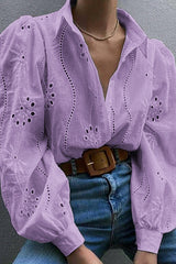 Fashion Hollow Puff Sleeve Casual Lapel Loose Shirt