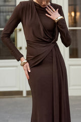 Solid Color Knit Long-sleeved Knotted Slim-fit Maxi Dress