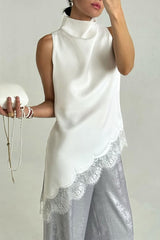 Nayla Satin Lace Trim High Neck Irregular Slit Hem Sleeveless Top
