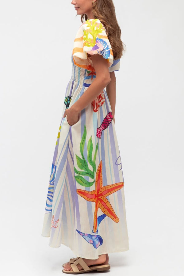 Marine Creature Print Square Neck Puff Sleeve Pleated Casual Pocket Maxi Dress